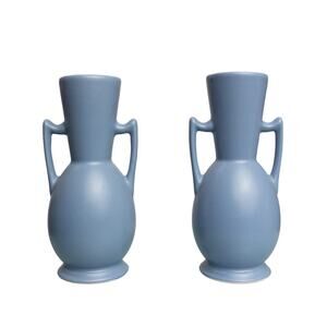 Vintage Americana 30s 40s Art Deco Periwinkle 2 Handle Pair of Vases